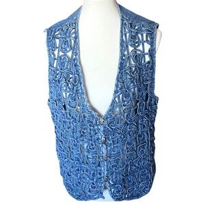 VTG Chrysantheme Denim Vest Women L Blue Openwork Soutache Button Front Cinch